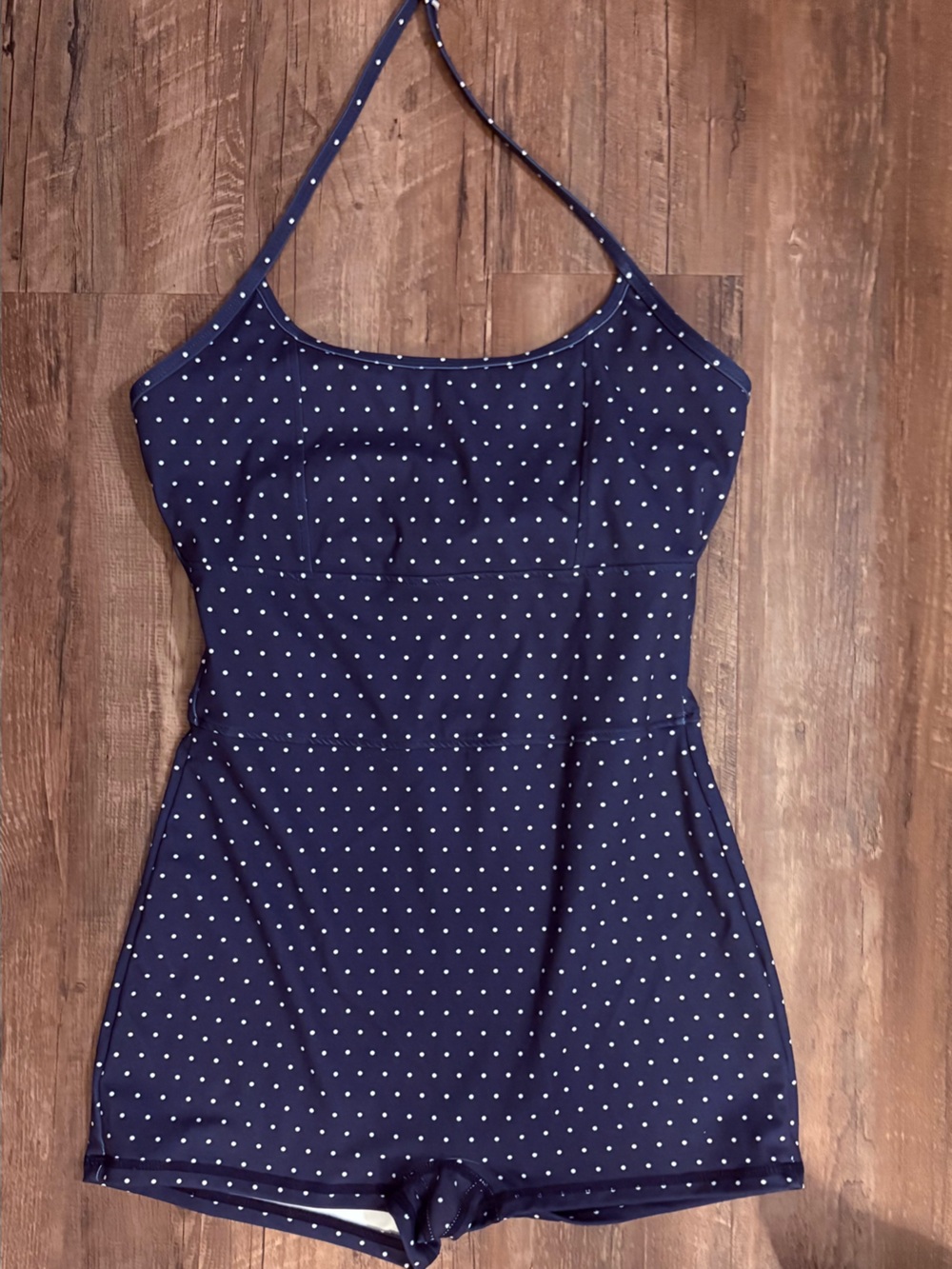 Navy Polka Dot Halter Romper with built in bra